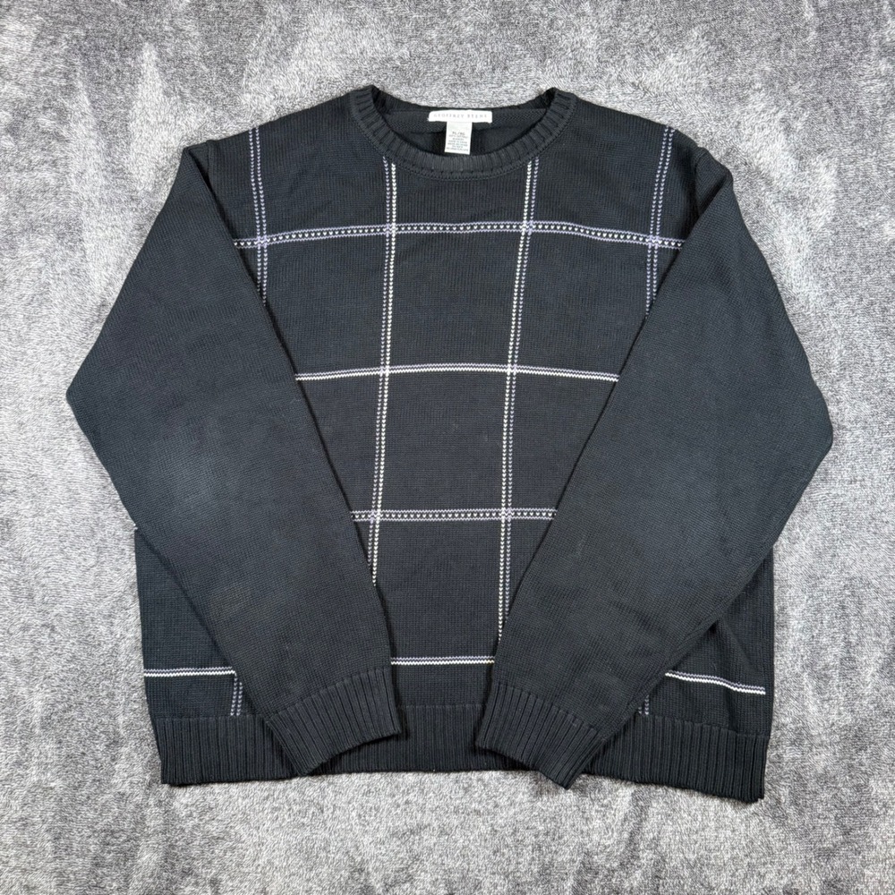 Geoffrey Beene Mens XL Black Cotton Windowpane Plaid Crewneck Sweater